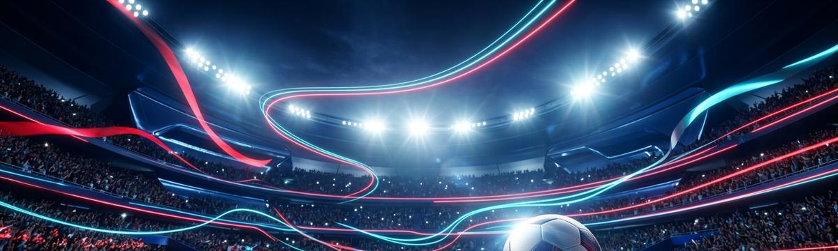 Fußballstadion bei Flutlicht mit Ball auf dem Rasen und Fans auf den Rängen