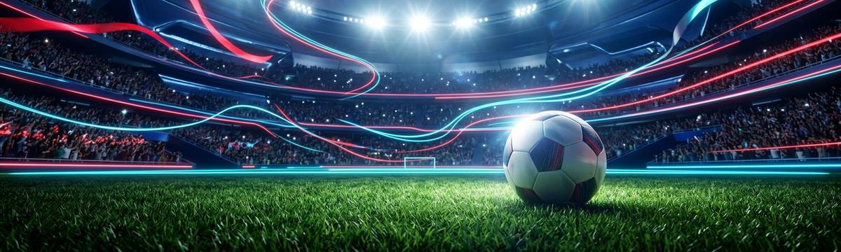 Fußballstadion bei Flutlicht mit Ball auf dem Rasen und Fans auf den Rängen