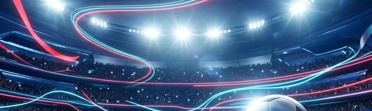 Fußballstadion bei Flutlicht mit Ball auf dem Rasen und Fans auf den Rängen