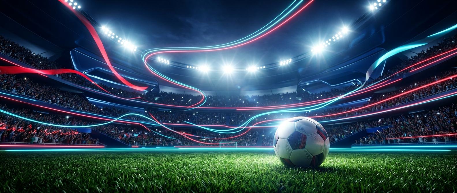 Fußballstadion bei Flutlicht mit Ball auf dem Rasen